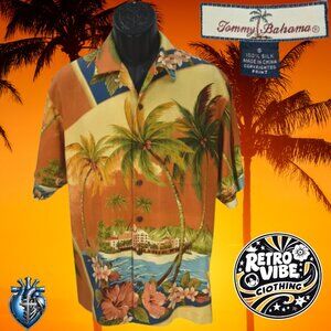 Tommy Bahama 100% Silk Camp Shirt Orange Scenic Tropical Palm Trees Men’s S